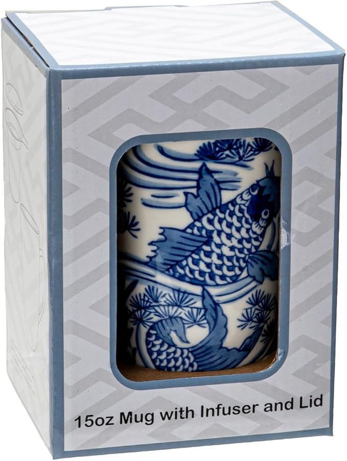 Urban Tokyo Tea Mug With Lid and Stainless Steel Infuser For Loose Leaf Tea Bag Tea Cup 15oz Porcelain Hot Beverage Everyday Use Home Office (Koi Fish)
