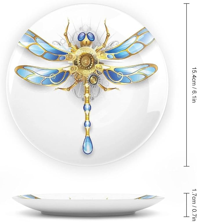XISUNYA 10 Inch Decorative Plate, Dragonfly Ceramic Stoneware, Close Up View of Mechanical Dragonfly with Multifaceted Eyes Print Ceramic Wall Hanging for Home Office Party Dinner Table Decor