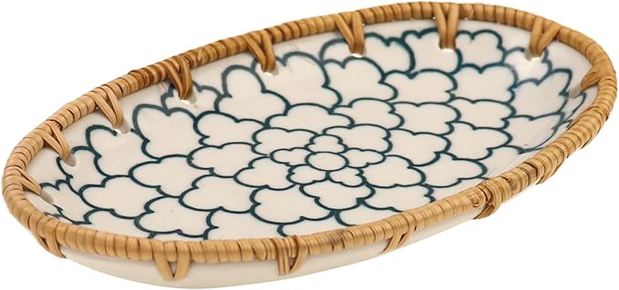 Rattan Ceramic Tray, Oval Fruit/Bread/Cookie/Jewelry Small Storage Porcelain Serving Plate, Vintage Decorative Display Plate for Coffee Table Home Decor Wedding Party Gift (White Cloud)