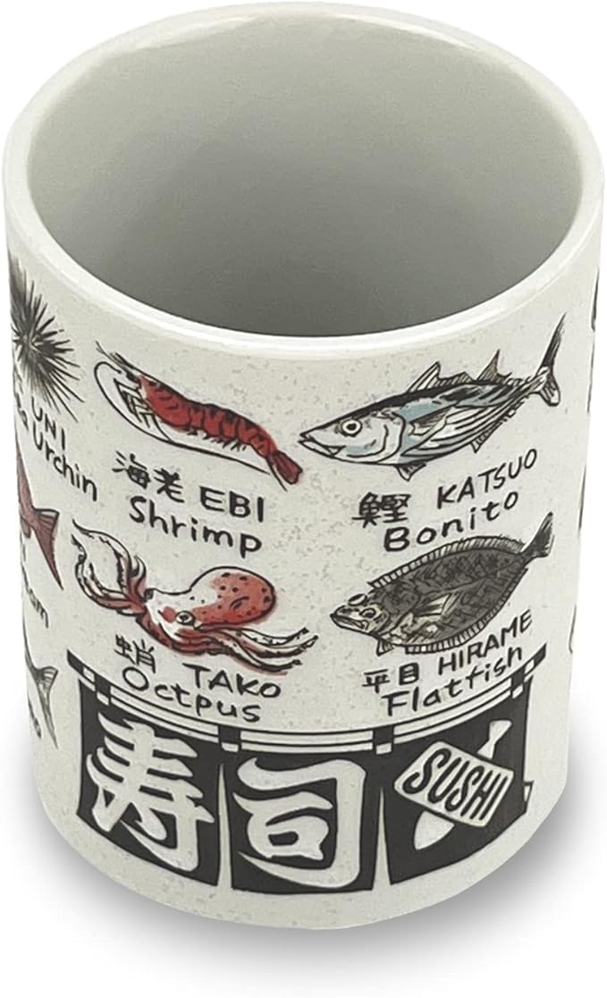 Japanese Tea Cup - Pottery 9 fl oz, Yunomi Mug, Sushi Made in Japan (C3-7 Sakanaeigo)