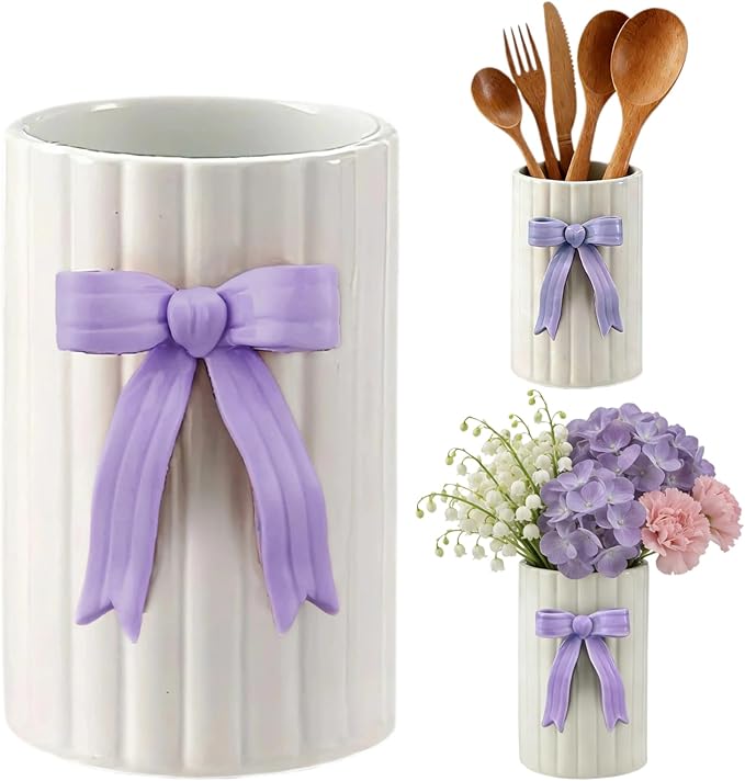 Handmade Purple Bow Ceramic Utensil Holder, 3D Coquette Cooking Utensil Crock for Kitchen Counter, Preppy Storage Caddy Organizer Vase Decor for Kitchen Countertop