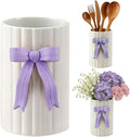 Handmade Purple Bow Ceramic Utensil Holder, 3D Coquette Cooking Utensil Crock for Kitchen Counter, Preppy Storage Caddy Organizer Vase Decor for Kitchen Countertop