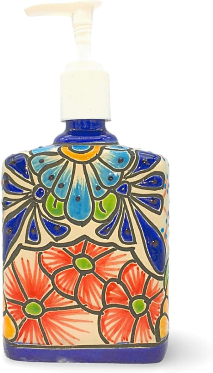 Talavera Ceramic Soap & Lotion Dispenser, for Kitchen or Bathroom Countertops - Pastel Hues Hand Painted Mexican Pottery - Jabonera Pastel