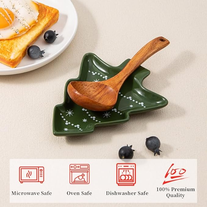 Ceramic Christmas Tree Spoon Rest for Cooking, Cute Festive Spoon Holder for Stove Top,Porcelain Christmas Dish for Kitchen Counter,Holiday Gift (Green-Ribbon)