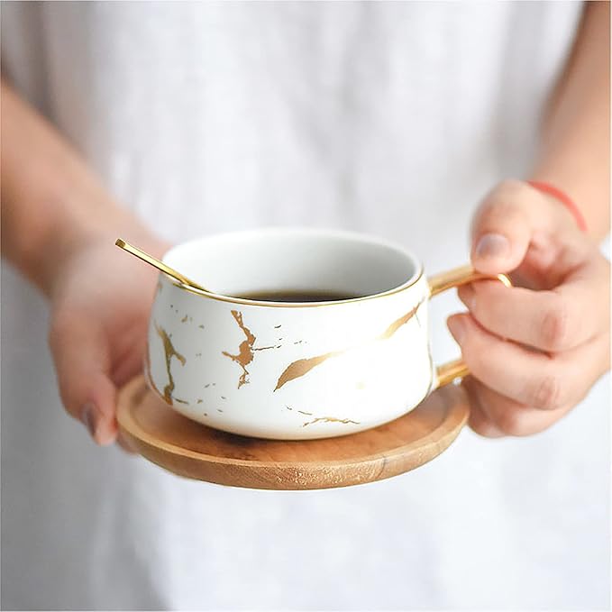 LUCCK 12oz Ceramic Marble Tea Cup with Wooden Saucer Ceramic Coffee Cup Cappuccino Cup Luxury Gold Inlay Fashion Marble Pattern for Women(White)