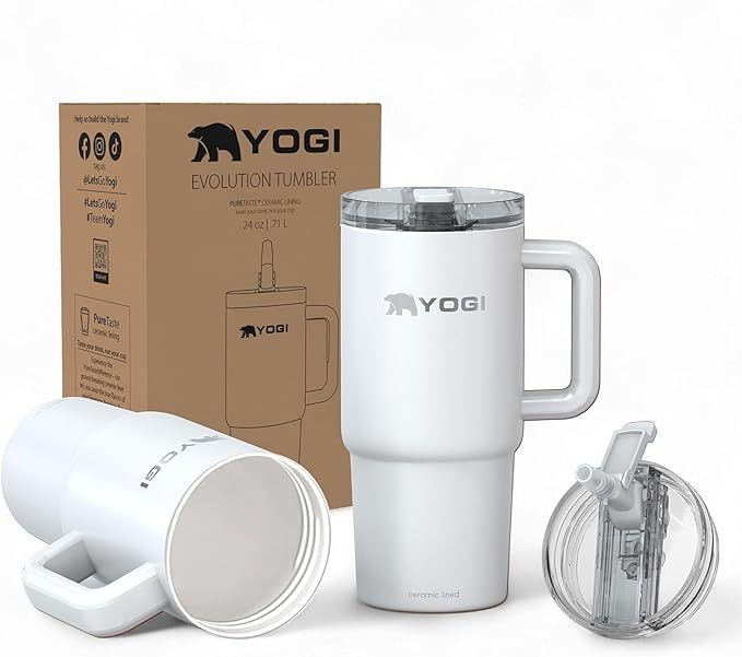 YOGI Ceramic Lined Metal Allergy Safe 24oz Tumbler with Handle and Straw Leakproof Flip & Sip Lid Vacuum Insulated Stainless Steel Travel Cup for Iced Coffee Water and All-Day Hydration 24oz Polar