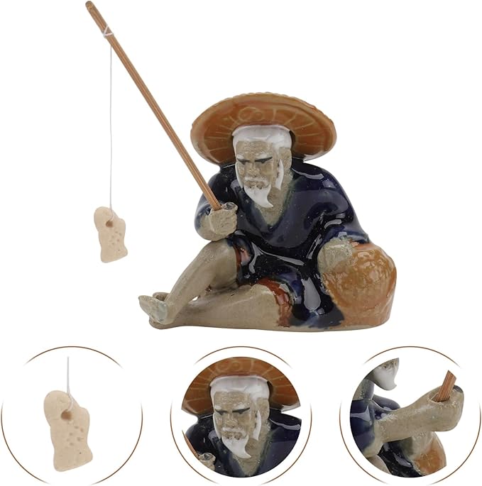 Ceramic Mini Fisherman Figurine Sitting Fishing Old Man Statue Asian Chinese Aquarium Zen Garden Decorations, 6x5.5cm, 0OQLIA1NK3403402QBD