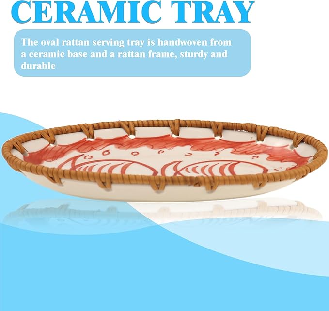 Rattan Ceramic Tray, Oval Fruit/Bread/Cookie/Jewelry Small Storage Porcelain Serving Plate, Vintage Decorative Display Plate for Coffee Table Home Decor Wedding Party Gift (Red Fish)