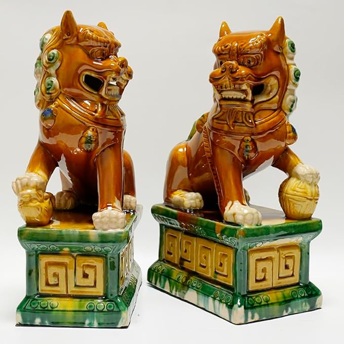 Handcrafted Ceramic Feng Shui Foo Dog Statues Pair Asian Guardian Lions for Office, Home, Housewarming, and Store Opening Gifts Traditional Chinese Decor,Beige,7.48 * 12.2in