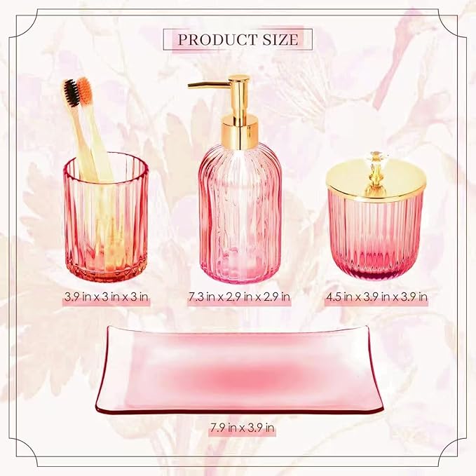 Designer Pink Glass Bathroom Accessories Sets - 4 Pcs with Lotion Soap Dispenser, Bathroom Toothbrush Holder, Vanity Tray, and Apothecary Jar, Vintage Bathroom Decor