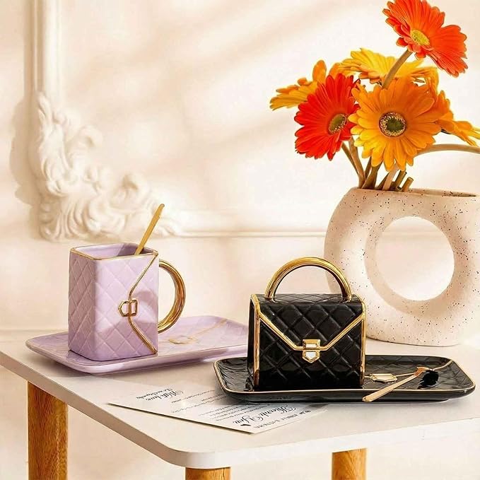 Zubebe 2 Set Coffee Mug Elegant Handbag Shaped Cup Mother's Day Modern Ceramic Purse Mug with Spoon and Saucer, 10oz Cute Creative Tea Cup for Woman Girls Gift (Purple,Black)