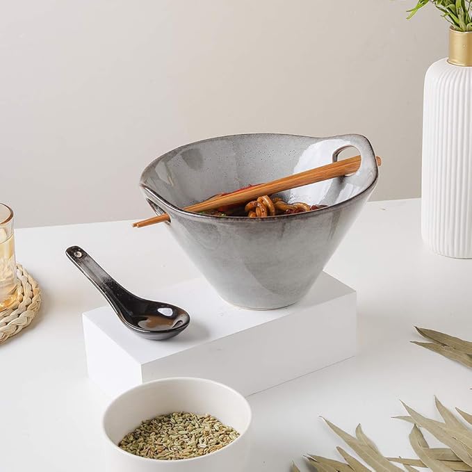 KOOV Porcelain Ramen Bowls and Spoons Set of 2, Japanese Ramen Noodle Bowl with Chopsticks and Spoons, 26 Ounce Deep Pho Bowl, Reactive Glaze (Variable Grey)