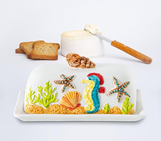 Ocean Theme Butter Dish With Lid For Countertop With Conch Scallop Starfish Seahorse Coral Decoration Funny Butter Container Cute Butter Dish Ceramic Mantequillera Butter Holder Tropical Beach Theme