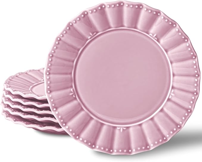 HOMBENE Dessert Plates 8 Inches Set for 6 Ceramic Serving Plates, Wavy Style, Plates for Cake Waffles, Snacks, Pasta, Noodle,Dinner, Microwave & Dishwasher Safe (Dreamy Sakura Pink)