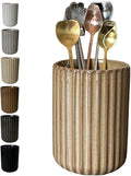 Stoneware Coffee Bar Utensil Holder Tea & Coffee Spoon & Stirrer Holder for Stir Stick Straw Teaspoon Holder Spoon Cup Small Utensil Jar Fluted Vertical Stripe (Rustic Brown)