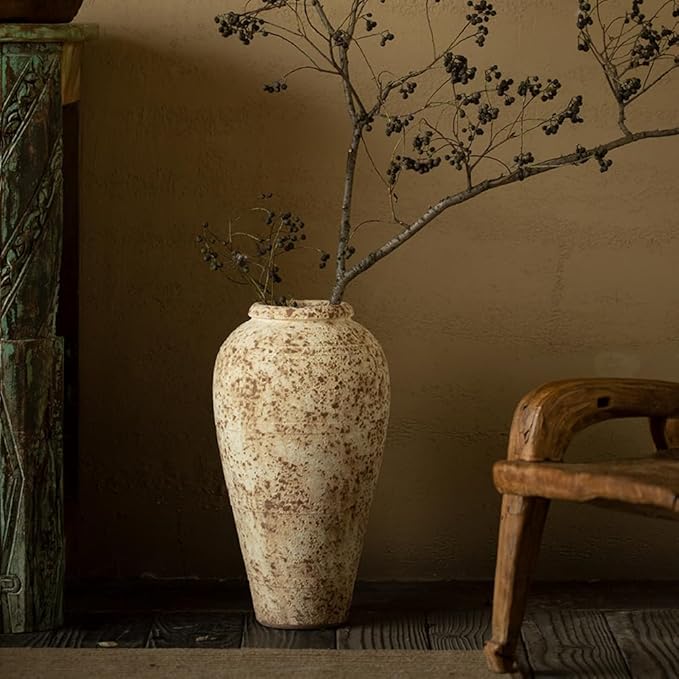 Ceramic Rustic Farmhouse Vase,Extra Large Terra Cotta Vase, Huge Pottery Decorative Flower Vases for Living Room Entryway Table Centerpiece Decor(17'' X 9'' x 9'')(Waist Cinching Bottle)