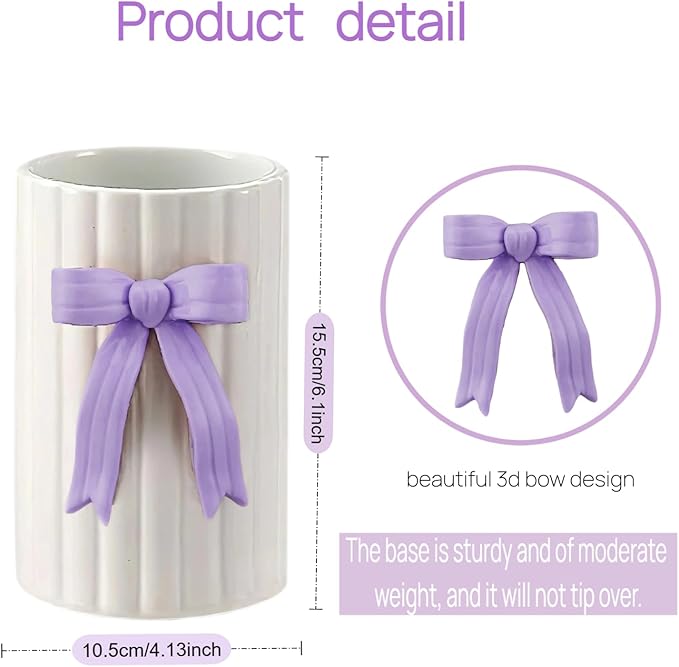 Handmade Purple Bow Ceramic Utensil Holder, 3D Coquette Cooking Utensil Crock for Kitchen Counter, Preppy Storage Caddy Organizer Vase Decor for Kitchen Countertop