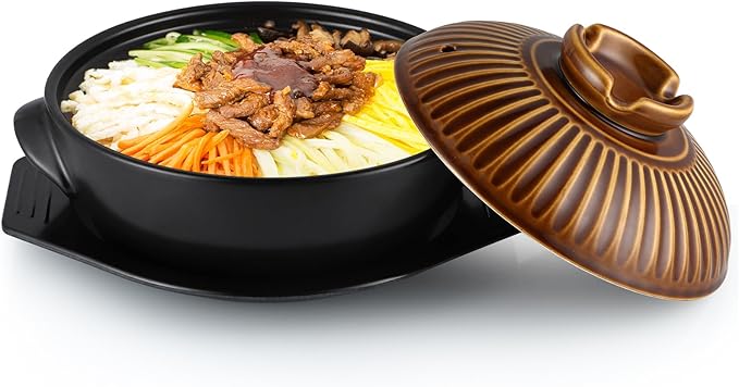 Large Korean Ceramic Bowl with Lid and Trivet, 54 oz Sizzling Hot Pot with Double Handles for Cooking and Serving Dolsot Bibimbap, Soup, Rice, Stew, Casserole, Noodle (Retro Copper)