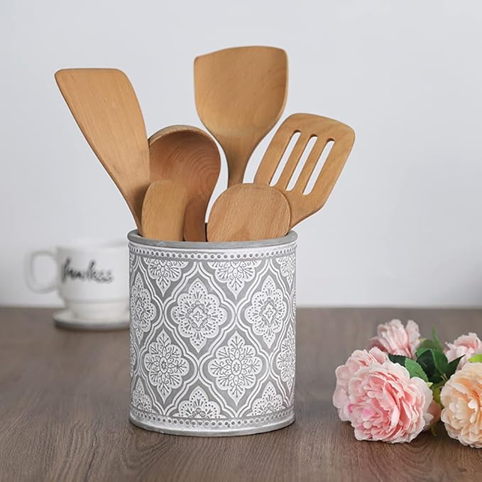 Kitchen Utensil Holder, Extra Large Farmhouse Utensil Holders for Countertop, Heavy Cement Utensil Crock, Utensil Organizer for Home Décor