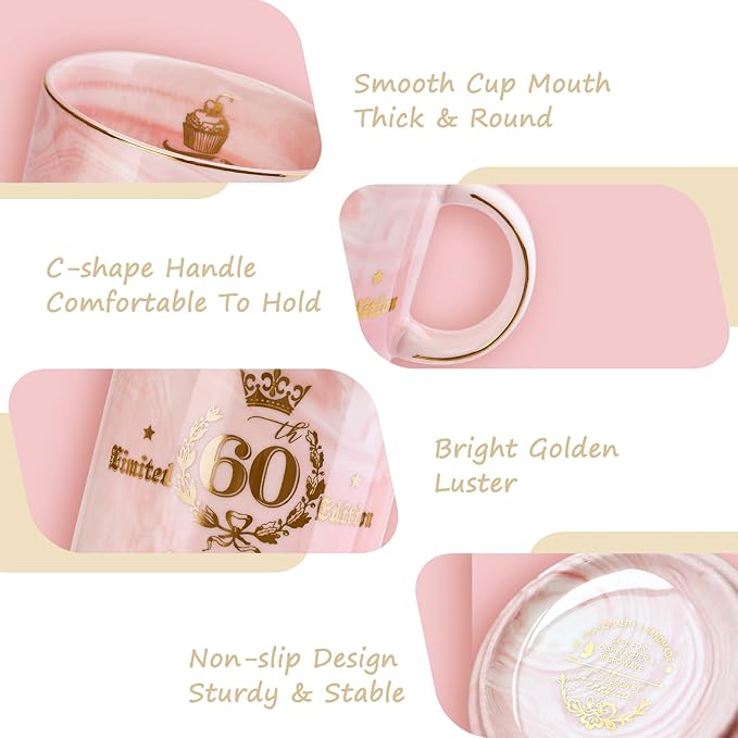 60th Birthday Gifts for Women - Fabulous 1966 Aged to Perfection Happy Birthday Mug - Limited Edition 60th Pink Coffee Mug Printed with Gold, Gift Idea for Turning 60 Years Old Women, Gift Boxed