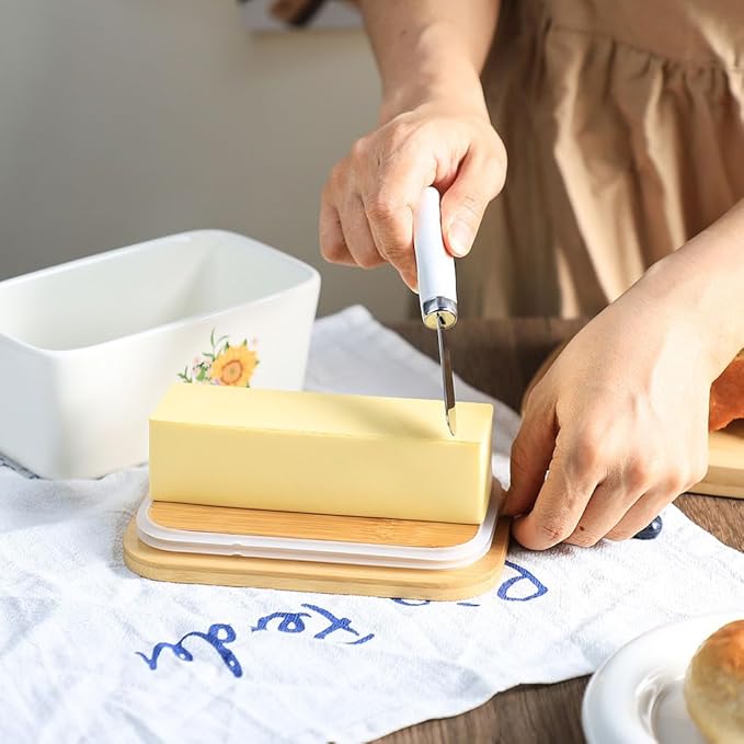 WAIT FLY Flower Ceramic Butter Dish with Bamboo Lid and Knife, 2 Sticks Butter Dish Butter Container Keeper for Kitchen Countertop, Home Decorative-Sunflower