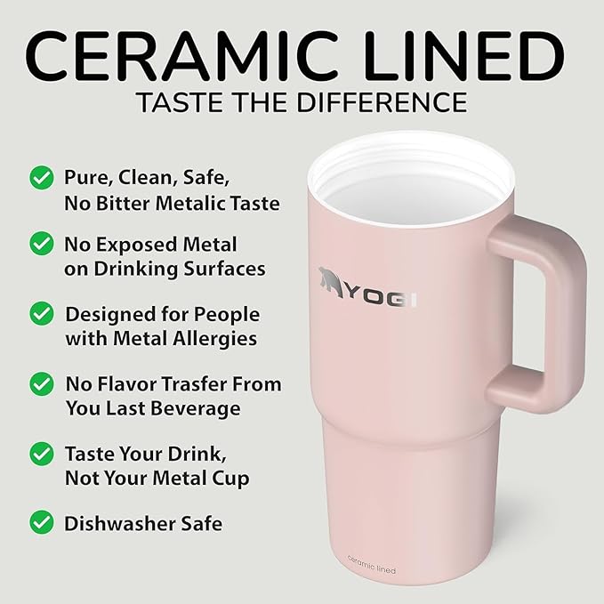 YOGI Ceramic Lined Metal Allergy Safe 24oz Tumbler Handle Comes with Straw Leakproof Flip & Sip Lid Vacuum Insulated Stainless Steel Travel Cup for Iced Coffee and Water Hydration 24oz Peonypink