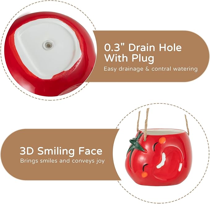 Cute Plant Pot - Funny Hanging Planter Gardening Gifts for Plant Lovers Women Mother House Warming - Smiley Red Planter for Indoor Outdoor
