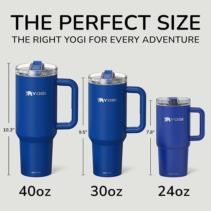 YOGI Ceramic Lined Metal Allergy Safe 40oz Tumbler with Handle and Straw Leakproof Flip & Sip Lid Vacuum Insulated Stainless Steel Travel Cup for Iced Coffee Water and All-Day Hydration 40oz Indigo