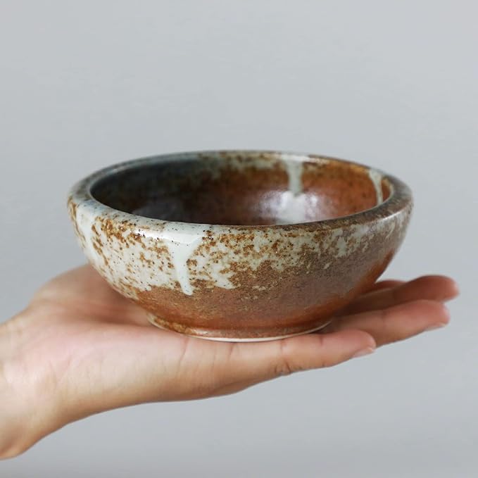 Wazakura Minoyaki Series Small Round Glazed Ikebana Flower Vase Made in Japan, Handpainted Floral Arrangement Pottery Supplies (White Stripe and Terracotta)