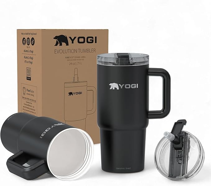 YOGI Ceramic Lined Metal Allergy Safe 24oz Tumbler with Handle and Straw Leakproof Flip & Sip Lid Vacuum Insulated Stainless Steel Travel Cup for Iced Coffee Water and All-Day Hydration 24oz Onyz