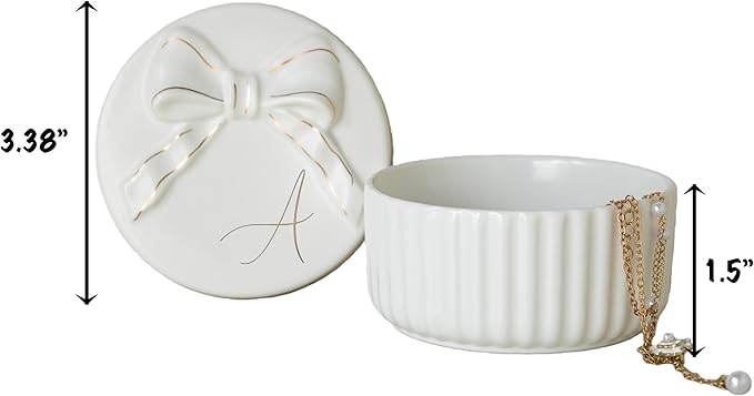 COLLECTIVE HOME Monogram Initial Jewelry Box with Bow - Elegant Ring Holder & Earring Dish | Christmas Gift Idea for Women, Unique Birthday Present for Her (K)
