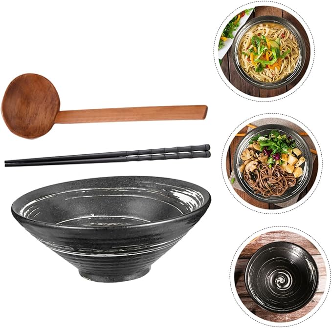 TOYANDONA Classic Ceramic Ramen Bowl Japanese Style Tableware for Soup Salad and Noodles Brush White Includes Wooden Spoon Chopsticks for Restaurants and Home Use