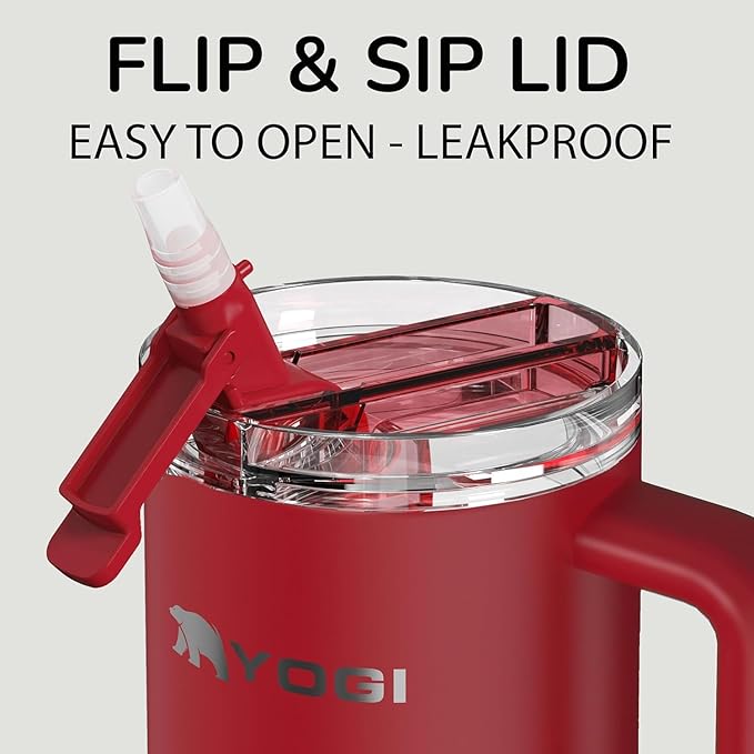 YOGI Ceramic Lined Metal Allergy Safe 24oz Tumbler with Handle and Straw Leakproof Flip & Sip Lid Vacuum Insulated Stainless Steel Travel Cup for Iced Coffee Water and All-Day Hydration 24oz Crimson