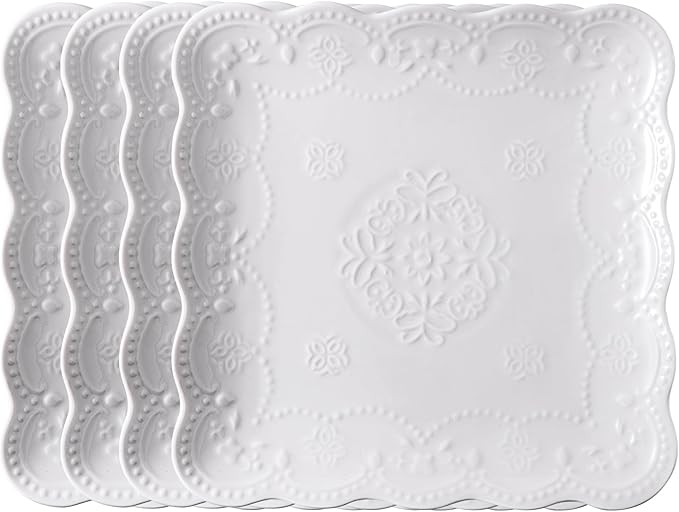 Jusalpha Set of 4-Square Embossed Lace Ceramic Plate-Dinner Plate Set, Pasta/Salad/Dessert Plate Dishwasher MicrowaveTableware Set for Restaurant Family Party Kitchen Use (White, 10 Inches)