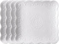 Jusalpha Set of 4-Square Embossed Lace Ceramic Plate-Dinner Plate Set, Pasta/Salad/Dessert Plate Dishwasher MicrowaveTableware Set for Restaurant Family Party Kitchen Use (White, 10 Inches)