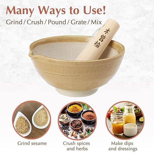 TIKUSAN Ceramic Ripple Ridge Mortar & Pestle (Suribachi & Surikogi) Set with Spout Made in Japan Mino Ware (Medium Brown)