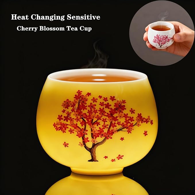 Heat Changing Sensitive Cherry Blossoms Tea Cup, Japanese Style Color Changing Ceramic Coffee Mug, Unique Magic Coffee Tea Cup for Gift Valentines (5 oz)