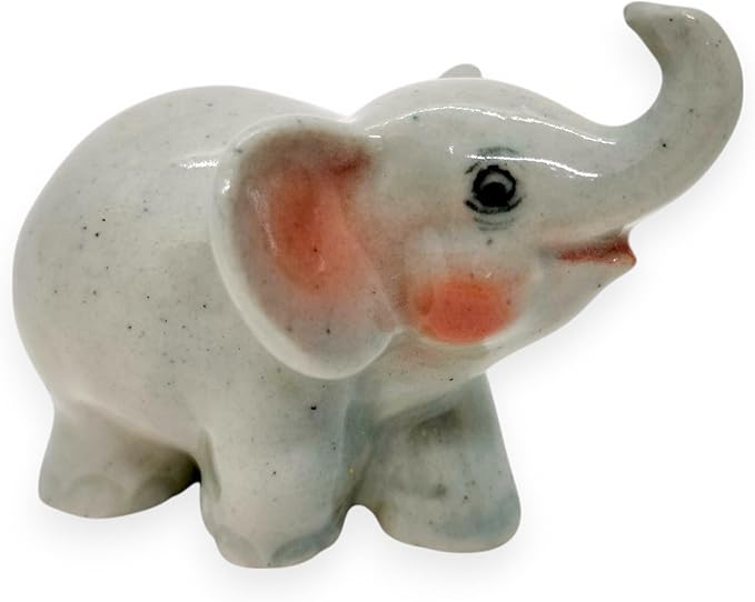 ChangThai Design Tiny 1½" Gray Baby Elephant Walk Trunk Up Figurine - Miniature Hand Made Painted Ceramic Asian Elephants Cute Wildlife Wild Animals Porcelain Decorative Collectible Figure Décor Gifts