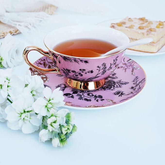 Bone China Tea Cup and Saucer Set with Spoon，Elegant Floral Tea Cup Set (7 oz)，British Coffee Latte Mug for Birthday Party Christmas gift for Friends