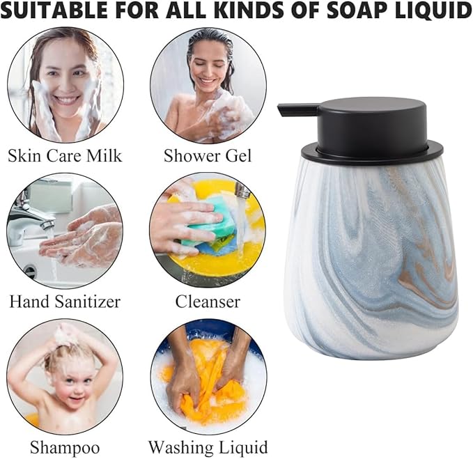 12Oz Ceramic Liquid Soap Dispenser - Modern Lotion Hand Soap Dispenser with Easy-to-Press Black Pump, Reusable and Refillable Dish Soap Dispensers for Bathroom & Kitchen, Marble Blue