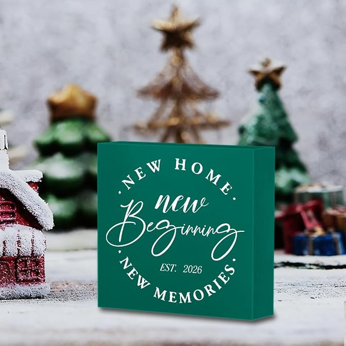 MUBIAO Rustic 2026 New Home Housewarming Gifts Ideasfor Women Men Friend Home Desk Shelf Decor - 5.1 x 5.1 Inches New Memories Decor Accessories -Green