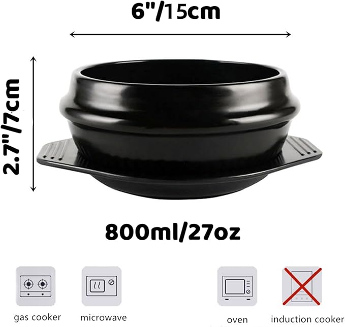 XICHENGSHIDAI Dolsot Bibimbap Earthenware Stone Bowl, Korean Cooking Soup Ceramic Pot, Donabe Pot for Ttukbaegi and Korean Stew with Tray 800ml / 27oz