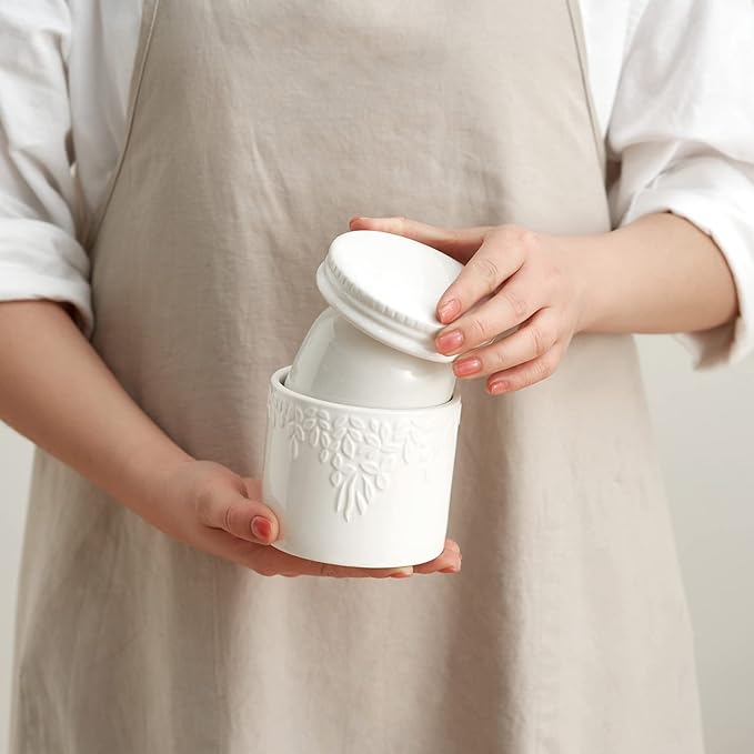 Toptier Butter Crock for Counter With Water Line, On Demand Spreadable Butter, Ceramic Butter Keeper to Leave On Counter, French Butter Dish with Lid (White Leaf)