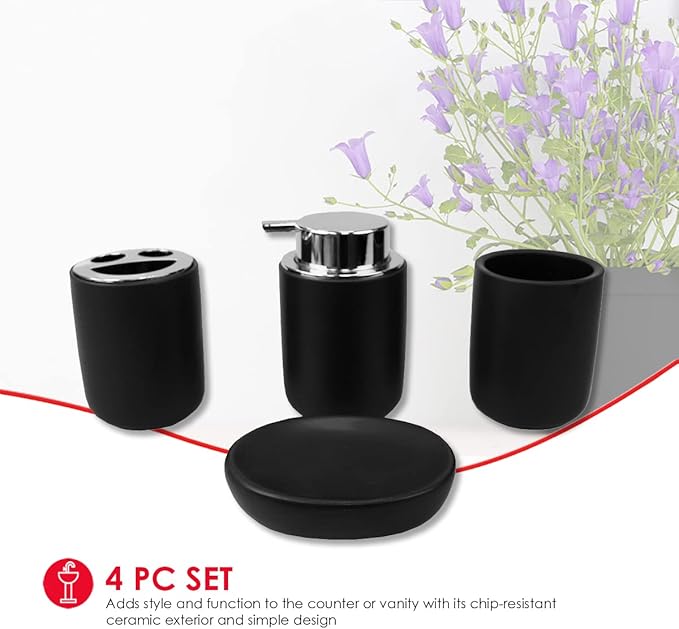 Home Basics Luxem 4 Piece Ceramic Bath Accessory Set (Black, 1) | Matte Finish | Neutral Color | Extremely Durable