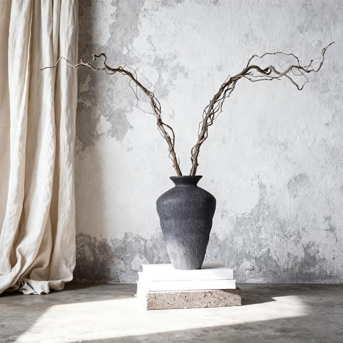 Wabi Sabi Ceramic Vase 9.1 Inch, Rustic Pottery Vase for Home Decor, Organic Textured Charcoal Black Vase for Pampas Grass, Coffee Table Shelf Farmhouse Decor
