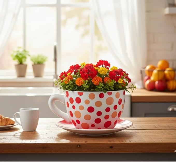 7.5" Round Ceramic Teacup Shape Planter Pot with Saucer for Succulents Orchids Herbs Cactus Indoor Houseplants Flowers for Valentines Day Gift – Orange Polka Dot Planter