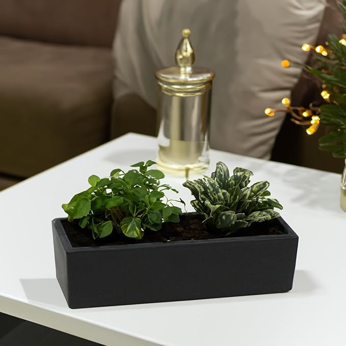 WGVI Long Rectangle Ceramic Planter Vase in Black 14" x 4" x 4"H, Rectangular Box Block Terrarium Pot, Flower Arrangement, Tabletop Centerpiece, Home Decor Organization Storage Container, 4 Pcs.