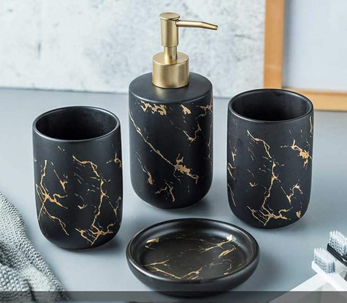 YYW Bathroom Accessory Set Ceramics Bathroom Set Accessories Complete Set Vanity Countertop Accessory Set Includes Soap Dish Lotion Dispenser Tumblers (Black（Four Piece）)