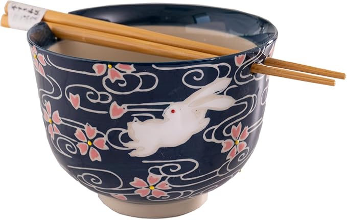 Urban Tokyo Handpainted Ceramic Glazed Japanese Ramen Udon Noodle Rice Bowl With Chopsticks 20 fl oz 5 inch Diameter Bowl Sets Color Box Packaging (Cherry Blossoms Rabbit)