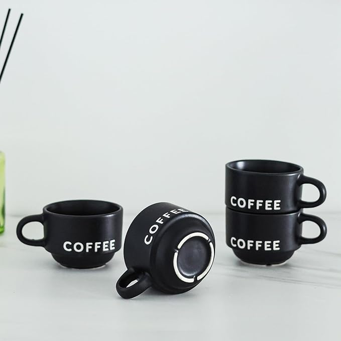 ASTRUE Espresso Cups Set of 4, 4 oz Matte Black Ceramic Demitasse Cups with Large Handles, Pro-Grade Porcelain Coffee Mugs, Dishwasher & Microwave Safe for Home, Office, Cafe